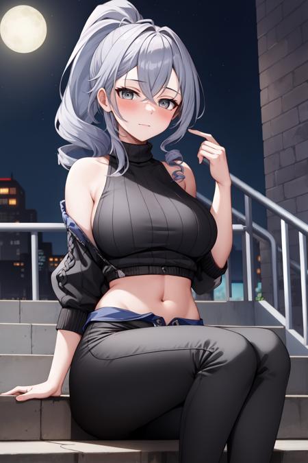 masterpiece, best quality, SilverwolfV5, 1girl, solo, looking at viewer, blush, large breasts, ((black sweater, black pants)), sitting, city alley, steps, night, closed mouth, ponytail, grey eyes, drills hair, <lora:Sv5-10:0.7>