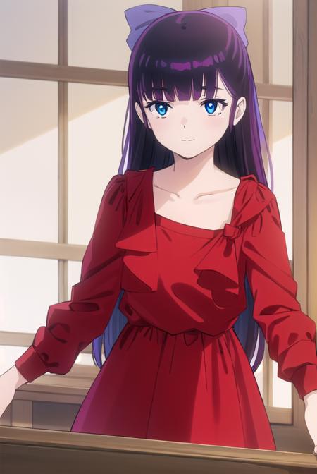 ryoukomendou, <lora:ryouko mendou s1-lora-nochekaiser:1>,
ryouko mendou, long hair, blue eyes, purple hair, bow, hair bow, mole, mole under eye, smile,
BREAK dress, red dress, collarbone, long sleeves,
BREAK indoors, classroom,
BREAK looking at viewer, (cowboy shot:1.5),
BREAK <lyco:GoodHands-beta2:1>, (masterpiece:1.2), best quality, high resolution, unity 8k wallpaper, (illustration:0.8), (beautiful detailed eyes:1.6), extremely detailed face, perfect lighting, extremely detailed CG, (perfect hands, perfect anatomy),