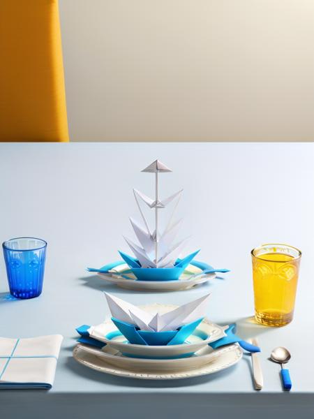 <lora:Plate:1>a plate with a paper boat on top of it