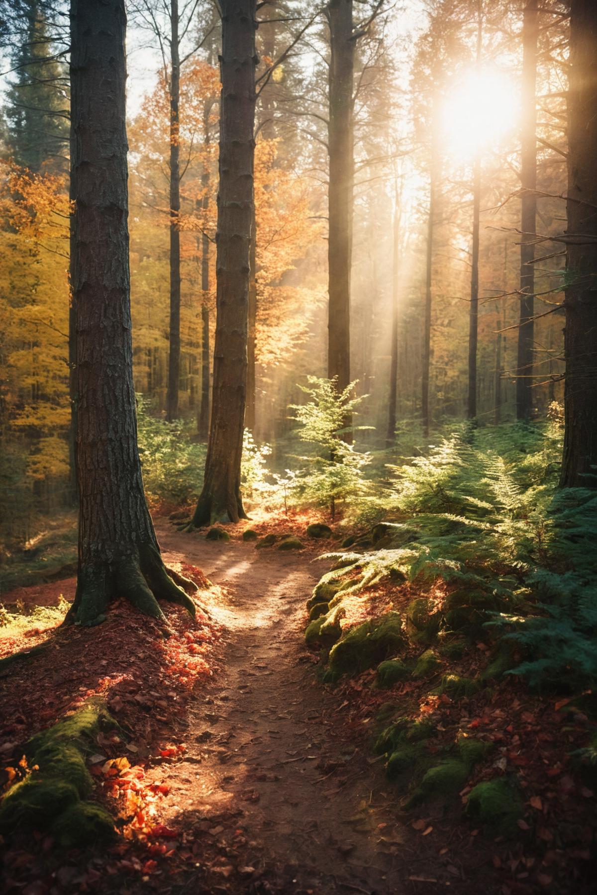 A Sunlit Path Through A Forest With Trees And Ferns