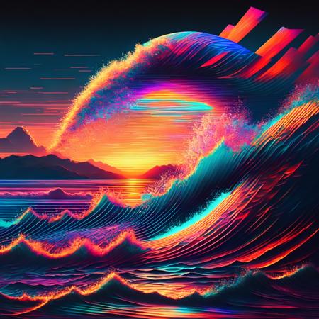 (glitchwave style:1) an image of a wave in the ocean at sunset <lora:djzGlitchWaveV21_LoraBooth:1>