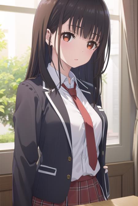 yumeirido, <lora:yume irido s1-lora-nochekaiser:1>,
yume irido, long hair, bangs, (black hair:1.5), hair ornament, (brown eyes:1.5), hairclip,
BREAK shirt, school uniform, jacket, white shirt, necktie, collared shirt, blazer, red necktie, red skirt, skirt,
BREAK indoors, classroom,
BREAK looking at viewer, (cowboy shot:1.5),
BREAK <lyco:GoodHands-beta2:1>, (masterpiece:1.2), best quality, high resolution, unity 8k wallpaper, (illustration:0.8), (beautiful detailed eyes:1.6), extremely detailed face, perfect lighting, extremely detailed CG, (perfect hands, perfect anatomy),