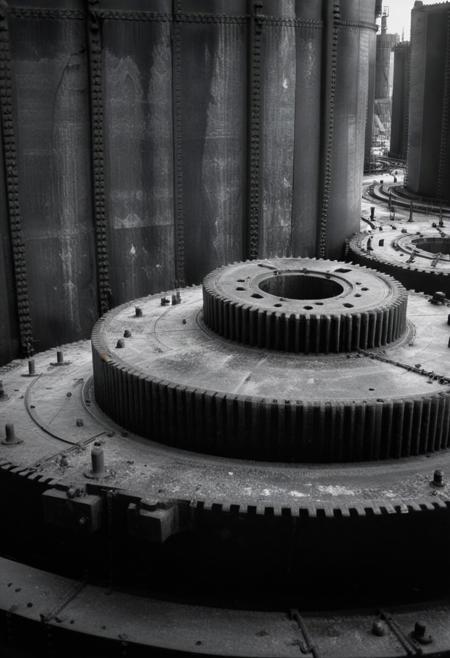 detailxl, 80sc1nemat1c5tyle, creamy bokeh, black and white, colorless, monochrome, BREAK, gears, machinery, close-up, factory, rust, oil