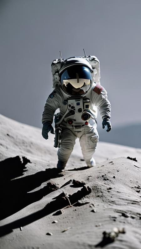 . In the sky we see an astronaut walking on the lunar surface, with a planet in the background, miniature diorama style, focus on the astronaut, medium definition planet, Alan Bean, shot on 70 mm, dark white and azure, toy proportions, environmentalism