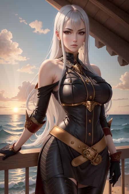 masterpiece, best quality, selvaria, black shirt, bare shoulders, detached sleeves, belt, black pants, black gloves, cowboy shot, looking at viewer, look of scorn, ocean, sunset <lora:selvaria-nvwls-v2-000010:0.9>