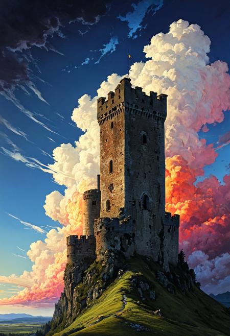 sharp photo of an aerial view of a old ruined castle far away, watch tower.(colossal, colorful, masterful:1.4), hyper detailed epic clouds, expressive, award winning, (landscape:1.4), (intricate details, masterpiece, best quality:1.4), looking at viewer, dynamic pose, wide angle view, dark limited palette, dramatic lighting, long shadows,