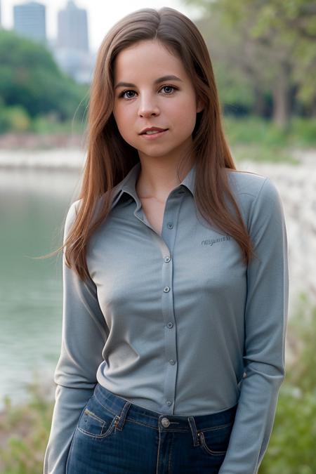 a photo of AM088_Altea_B, 25 years old woman weared (long-sleeve shirt:1.2) walking along the riverbank in the city, pretty face, close up, sharp focus, (intricate details:0.9), (hdr, hyperdetailed:1.2), (natural skin texture, hyperrealism, soft light, sharp)