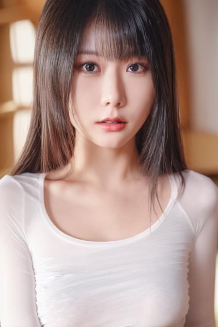 25 years old woman, bokeh, (photorealistic:1.4, realistic), highly detailed CG unified 8K wallpapers, 1girl, ((slender body:0.8)), looking at viewer, (HQ skin:1.4), 8k uhd, dslr, soft lighting, high quality, film grain, Fujifilm XT3, (((white sleeves t-shirt))), ((upper body:1.2)), (((indoor room, white background))),   <lora:xiangcaomiaolulu-V1:0.8>