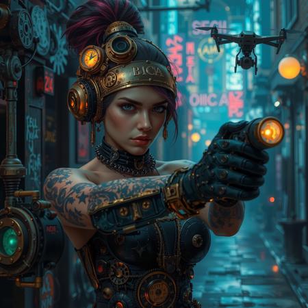 steampunk style a cyberpunk girl with glowing tattoos and a mechanical arm fighting off drones in a neon-drenched alley, showcasing dynamic movement and high-tech enhancements. antique, mechanical, brass and copper tones, gears, intricate, detailed