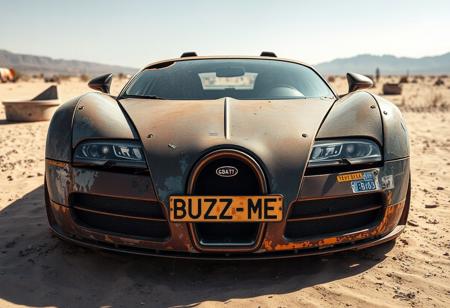 Totally Rusted wreck of Bugatti Veyron post apocalyptic in desert ghost down with rusted number plate with text "BUZZ ME", cinematic, post apocalyptic look, view from front