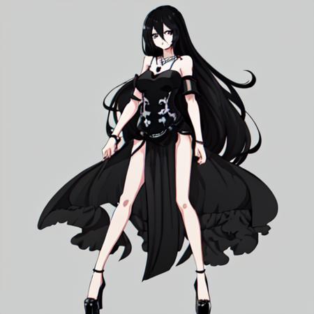 Mew, 1girl, solo, long hair, black hair, hair between eyes, bare shoulders, shoes, necklace, black footwear, black eyes, black dress, high heels