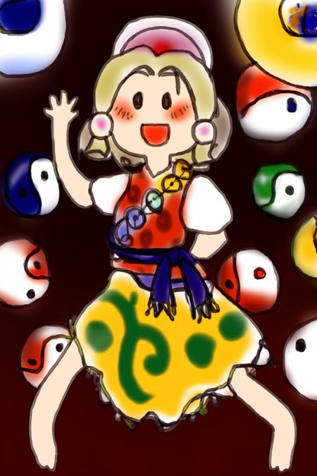 masterpiece, best quality,  <lora:TamatsukuriMisumaru:1>, <lora:style22:1>,sketch,
orb, 1girl, yin yang orb, skirt, magatama, yin yang, yellow skirt, barefoot, shirt, solo, short sleeves, open mouth, brown eyes, puffy short sleeves, jewelry, red shirt, full body, puffy sleeves, smile, blonde hair, earrings, multicolored hair, blouse, patterned clothing, blush, red vest, vest, tiara, short hair, brown hair, white shirt, style parody, looking at viewer, parody, standing