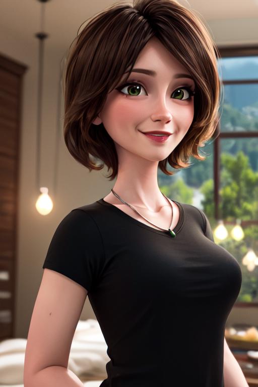 A cartoon woman, wearing a black shirt, stands in front of a window with green eyes.
