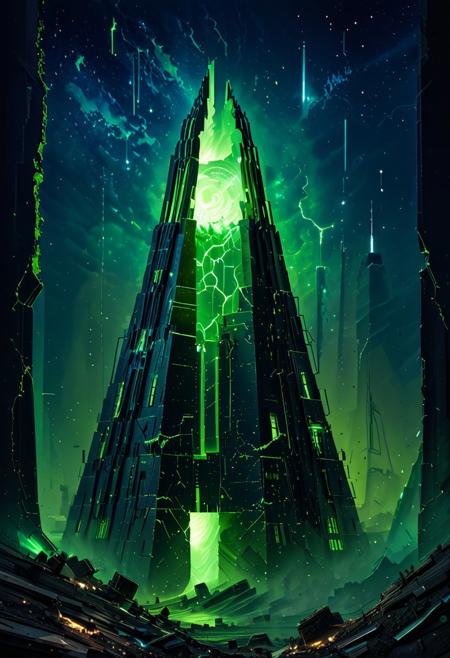 Galaxy pyramid city, Necron, (pyramid),  electricity, green theme, green moon, starry sky, space,
Abstract illustration, surreal fractured landscape, twilight sky with deep indigo to electric bright green gradient, towering geometric shapes resembling shattered glass and steel beams, inner light glowing within structures, dark polished surface reflecting light, ethereal swirling fog in muted purples and blues, vibrant golds and reds in the distance, bursts of light and shadow creating dynamic contrast, white beam of light piercing the sky symbolizing memory and hope, abstract expressionism and digital futurism hybrid, bold colors with intense reds, blacks, golds, and silver, light casting long stretched shadows, broad sweeping brushstroke textures enhanced with digital precision, mist swirling at the base of the scene, radiant sky evoking reflection and honor, powerful and dramatic atmosphere, emotional tribute to 9/11 without banality or figures. electricity, green glow, green theme,