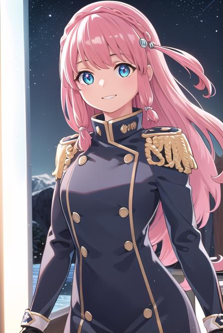 neiookawamura, <lora:nei ookawamura manga-lora-nochekaiser:1>,
nei ookawamura, long hair, blue eyes, hair ornament, pink hair, braid, smile,
BREAK gloves, boots, belt, skirt, uniform, military, military uniform, epaulettes,
BREAK outdoors, space, starry sky, star \(sky\), moon,
BREAK looking at viewer, (cowboy shot:1.5),
BREAK <lyco:GoodHands-beta2:1>, (masterpiece:1.2), best quality, high resolution, unity 8k wallpaper, (illustration:0.8), (beautiful detailed eyes:1.6), extremely detailed face, perfect lighting, extremely detailed CG, (perfect hands, perfect anatomy),