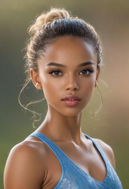 hyper realistic and detailed photo of a cute 22 year old african female gymnast, shallow depth of field, cleavage, two-packs abs, golden blonde straight messed up hair, straight waist, realistic textures, 8k movie still, cinematic, looking at viewer, straight hip, narrow hip, small hip, small round shape butt, tiny breasts, long legs, Youthful, radiant complexion with fair skin. Her facial structure is characterized by soft, rounded features with a gentle jawline that complements her overall delicate visage. The eyebrows above are well-defined, arched gracefully, adding to the intensity of her gaze. Her hair, a rich golden brown, is pulled back into a high ponytail that cascades in gentle waves, framing her face elegantly. Her lips are full and appear soft, providing a neutral yet inviting expression. The subject's nose is proportionate to her face, with a subtle, rounded tip that harmonizes with her soft facial features.
The eyes are a distinctive feature, conveying a remarkable depth of color   a shade of light blue. Her irises are ringed with a darker blue hue. Her pupils are centered and clear. The eyelids are smooth, with a subtle crease that adds depth to her eye structure. Her lashes are of a lighter brown, long and evenly spread, curling gently upwards.