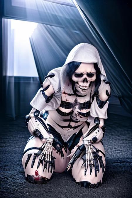 (futuristic:1.2), (horror:1.3), BREAK,
(bleak atmosphere:1.2), (dark:1.2), (night time:1.2), (full body:1.0), BREAK,
(kneeling nun:1.2),  (praying:1.4), (closed eyes:1.0), (mechanical legs:1.2), (mechanical arms:1.2), (blood:1.4), (torn clothes:1.2), (blood tears:1.0), (exhausted:1.0), (tired:1.0), BREAK,
(many crawling skeletons:1.2), (many undead creatures:1.2), (many unholy monsters:1.2), BREAK,
(god rays:1.2), (halo:1.2), (divine presence:1.0), BREAK,
(4k:1.2), (extreme resolution:1.2), (highly intricate:1.2), (studio quality:1.2), (extremely detailed:1.2), (beautiful and aesthetic:1.4)