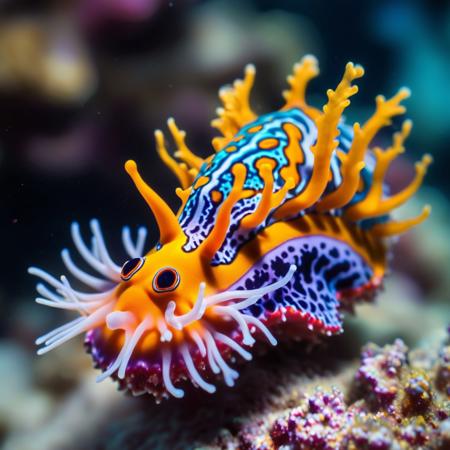 underwater high angle shot of close up of a colorful Nudibranch sea slug on a coral with a blurry background, underwater macro photography, a macro photograph, naturalism