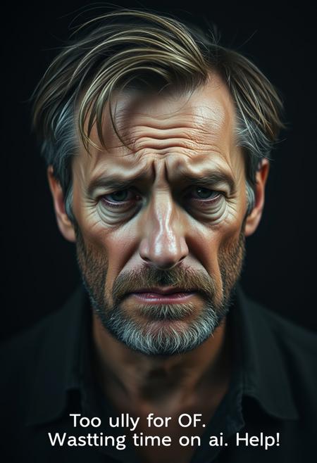 Emotional portrait photograph of a crying middle aged European man saddened by the realization of a wasted life. He looks disheveled with unkempt hair and beard stubble. He does not manage to control his despair and tear roll on his face.
The portrait is lit like a Rembrandt masterpiece with a pitch black backdrop.
A caption under the picture reads "Too ugly for OF. Wasting time on AI. Help!"