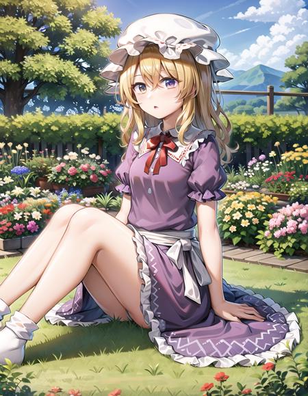 best quality, ultra high res, 1girl, maribel hearn, <lora:maribel_hearn_v2:1>, purple dress, hat, blonde hair, short wavy hair, golden eyes, sitting, bare legs, white socks, garden,