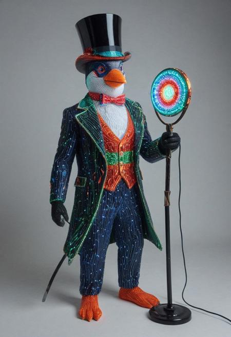 embedding:lazmpos, LED, colorful LED lights, RGB lights, red green and blue penguin, art deco, top hat, cane, monocle,RetroBG