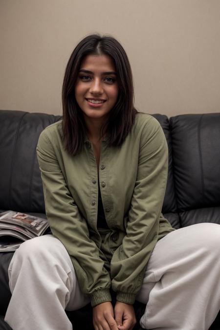 candid, 22yr old pakistani  woman, castingcouch, wearing embroidered cotton green (kameez:1.1), leather jacket,  <lora:couch:0.7>, blushing, nervous, apprehensive, forced smile looking at viewer, sitting on sofa, from above,   <lora:add_detail:0.5>, <lora:real_skin:0.7> skin, <lora:retromanba:0.3> Yamanba (dark skin), RAW photo, 8k uhd, dslr, soft lighting, high quality, film grain, Fujifilm XT3