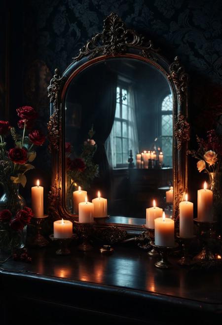 a mirror sitting on top of a table next to a bunch of candles, tumblr, gothic art, dark flowers, victorian vampire art, dark fantasy color scheme, with a mirror, retro vintage and romanticism, dark drapery, dreamy and detailed, cottagecore, rim light style tim burton, dark-art, mirror, dark image,amazing wallpaper, digital painting highly detailed, 8 k hd detailed woman, beautiful art uhd 4 k, focus on mirror, close up, bokeh, unfocused, extremely detailed award winning photography fantasy studio lighting photorealistic very attractive beautiful imperial colors ultra detailed 4k 3d hdr very
Dramatic,Dynamic,Cinematic,Sharp details
Insane quality. Rembrandt lightning, Insane resolution. Insane details. Masterpiece. 32k resolution.
<lora:add-detail-xl:0.95> <lora:dvr-lnds-sdxl:0.3> dvr-lnds-sdxl <lora:MJ52:0.25> <lora:ral-apoctvisn-sdxl:0.3> ral-apoctvisn <lora:zavy-cntrst-sdxl:0.35> dark, chiaroscuro, low-key <lora:zavy-rmlght-sdxl:0.41> zavy-rmlght <lora:SDXLFaeTastic2400:0.225>