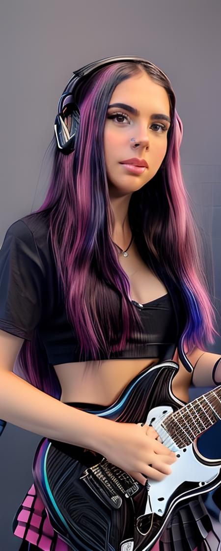 ((masterpiece, best quality))1girl, solo, black skirt, blue eyes, electric guitar, guitar, headphones, holding, holding plectrum, instrument, long hair, , music, one side up, pink hair, playing guiter, pleated skirt, black shirt, indoors<lora:more_details:1> smiling face <lora:niñafresa:0.7> 30years old