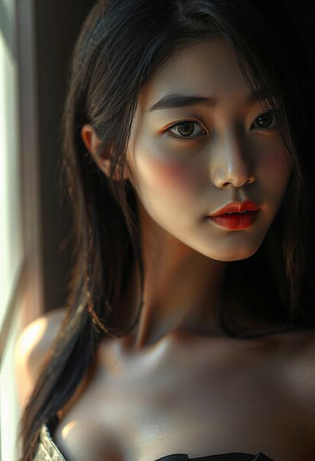 DSLR-style portrait of a slender, elegant 26-year-old Korean model, translucent pale skin with natural texture, soft shadow on cheek, diffused daylight from side, parted lips, clean background, solo, masterpiece, ultra high-res  
<lora:NOOB_vp1_detailer_by_volnovik_v1:1>
barely visible pores, subtle skin texture variation, translucent skin tone
score_9, score_8_up, score_7_up, black hair, shiny skin, wet skin, eye contact, tilted angle, moody lighting, flouting, suggestive pose, perfect quality, (abstract:0.2)  
<lora:MythAnim3Style:0.9> MythAn1m3, , asian face,
(Korean)(black eyes) (masterpiece:1.4), (best quality:1.2)
<lora:RMSDXL_Enhance: 0@0, 4@5 > <lora:Add_more_details_pony: 0@0, 1@5 > <lora:hd_4k_ntc: 0@0, 1@5 > 
(Depth of field), 
 masterpiece, high resolution, cinematic, masterpiece,
(bright lighting),
<lora:S1_Dramatic_Lighting_v2:0.15> <lora:g4n1m3XLP:0.8> <lora:d3t41l3dXLP:0.5> 
,gorgeous:4,detailed
<lora:surrealidescent_v1:3.14>
 <lora:flux dtmh:3.14> <lora:Hand v2:3.14>, SEED: 611294289, cleavage, cameltoe,
score_9, score_8_up, score_7_up, source_anime, ((solo)), calm, closed mouth, 1girl, solo, (huge breasts, thin waist, wide hips), peaceful, closed mouth, ((fujimaru_ritsuka)), orange hair, yellow eyes, above_medium hair, bangs, hair between eyes, ahoge, black_knight clothing, ((knight helmet)), metal armor, pauldrons, gauntlets, chestplate, armored skirt, black leggings, black skirt, black background,