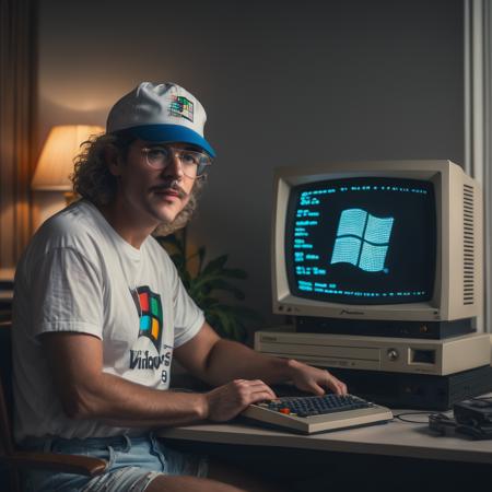<lora:Windows95man:0.8> windows95man a man sitting at an 80s desktop, using a vintage computer, classic 80s interior decoration, masterpiece, best quality, fujifilm x-t4, bokeh, trending <lora:WaveArtXL:0.4> Wave Art Style