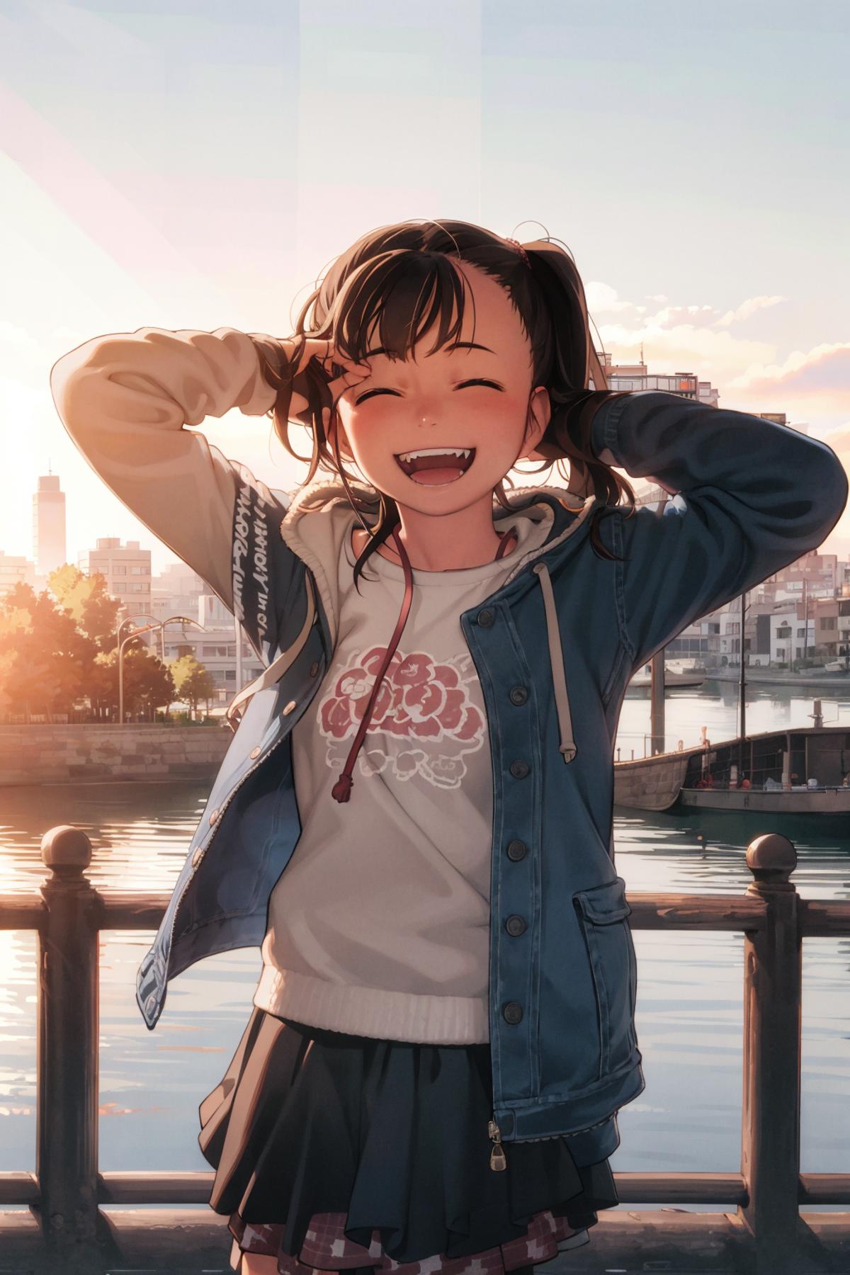 A young girl wearing a blue jacket and a smile, with a city in the background.