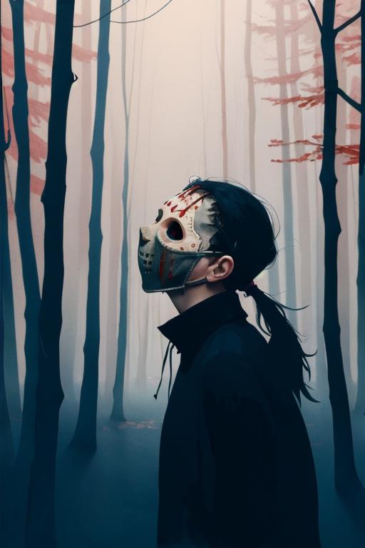 A person wearing a scary mask in a dark forest.