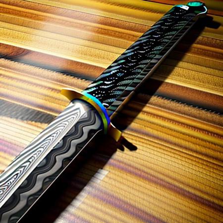damascus steel sword print, conducting wooden electricity, 8k extreme detail, on a carbon fiber table,  realistic, perfect, no mistakes, amazing, epic, vibrant colors,