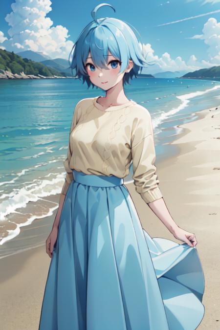 masterpiece, best quality, sky,1girl,out door,sea,
 <lora:VivyV3:0.6>, vivy, long skirt, blue skirt,ahoge,Yellow Summer Sweater,