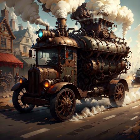 <lora:SteamPunkAI:.7> SteamPunkAI , Cogpunk  truck on road