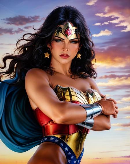 by joe jusko, Wonder Woman, abs, black hair, blue eyes, breast hold, breasts, cloud, crossed arms, red and gold leotard, lips, long hair, a sky background with clouds, star earrings, star panties, sunset, superhero, gold tiara <lora:joe_jusko_style-10:.8>