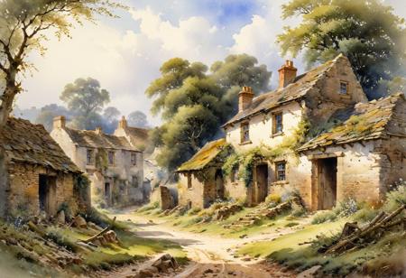style of Myles Birket Foster
,a watercolor landscape painting of an abandoned village swallowed by encroaching shadows, with dilapidated buildings and overgrown ruins hinting at the passage of time and the stories of those who once called this place home.