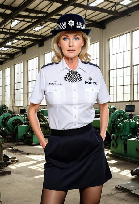 a mature woman, 52 year old English woman, matgodrd, shoulder length blond hair, blue eyes, tasteful makeup, conservative jewelry, large round surgically enhanced breasts,  wide hips, flat narrow stomach, constableuniform, uniform, hat badge, headwear, black constable hat, police uniform, white collared shirt, white shirt, black and white checkerboard necktie, checkerboard necktie, short sleeves, black skirt, short skirt, black pantyhose, black footwear, In a deserted manufacturing site, broken machinery, light filtering through high windows and holes in the siding and roof, 2 shirt pockets, breast pockets