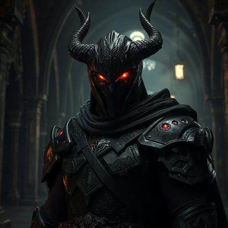 "A cinematic portrait of Ventdra, the Empowered Warrior: towering armored figure with a horned helmet (carbon fiber with etched runes), glowing crimson eyes with particle effects, and battle-scarred obsidian armor. Set in the Curse of the Shadow Prison—a dimly lit gothic hall with blurred gothic arches, crumbling stone pillars, and chains dangling from ceilings. Dramatic chiaroscuro lighting highlights Ventdra’s silhouette, casting long shadows. Hyper-detailed textures: cracked armor plating, glowing eye circuitry, and matte-black leather straps. Stylized with Dark Souls ambiance and Alphonse Mucha’s art nouveau flourishes—flowing cape patterns, gold filigree. Rendered in Unreal Engine 5 realism, Octane Render gloss, and Dutch angle composition. Color palette: midnight blacks, blood red accents, and ethereal gold highlights. Background features faint glowing glyphs and spectral mist. Trending on ArtStation, 8K HDR, golden ratio framing, cinematic depth-of-field. Tags: dark fantasy warrior, menacing aura, hyperrealistic armor, volumetric fog, flickering torchlight."