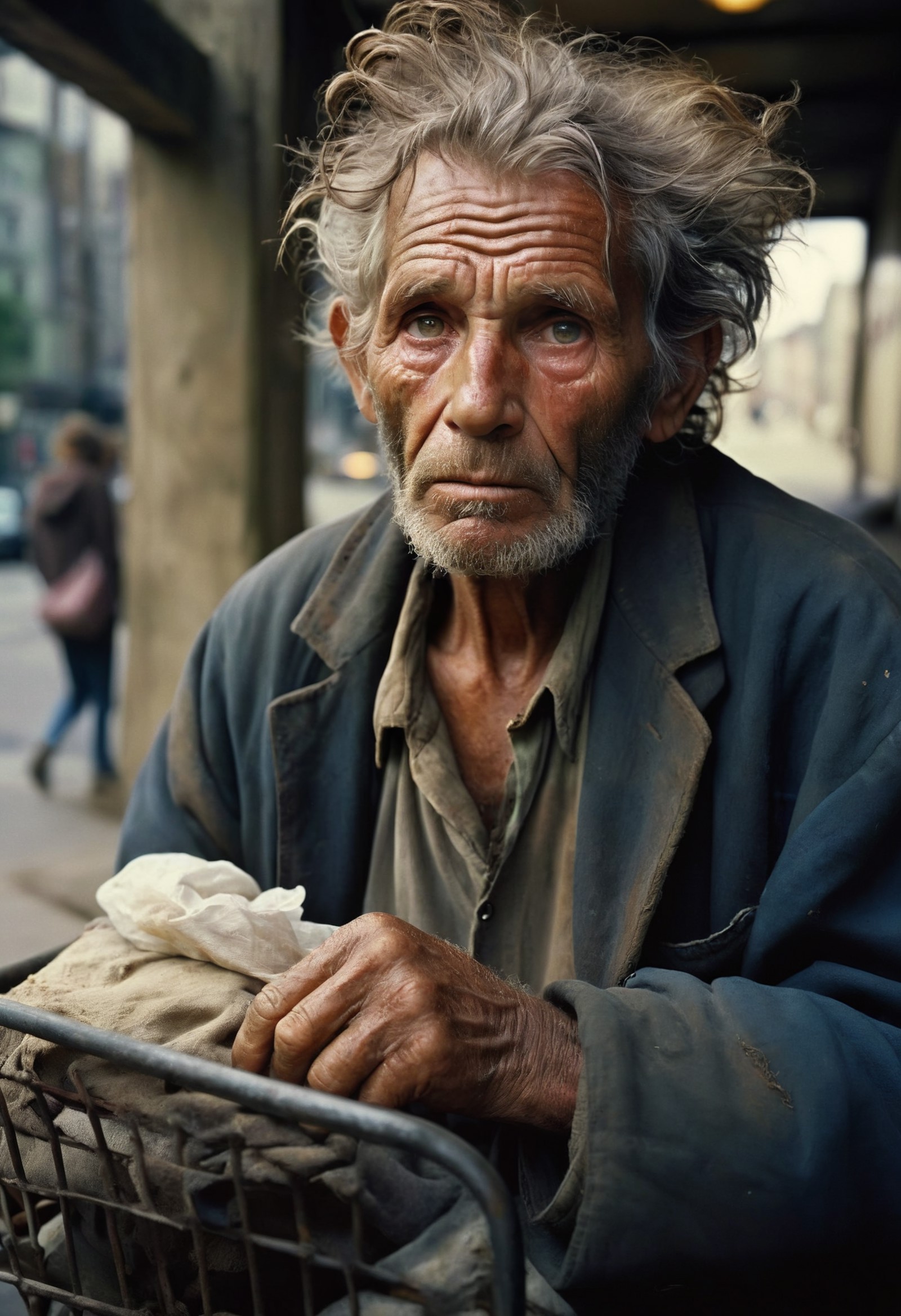 Professional RAW photo, wide mid shot, a homeless man, wrinkled face, his facial expression tells the story of a long trou...