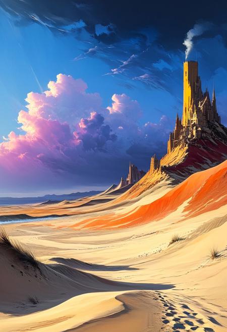 A landscape of tall dunes in a desert the stretches to the horizon. The sun is just rising above the horizon, painting the sky in vivid hues and lighting the dunes and the sand. Epic clouds catch the sunlight and a storm seems to be building in the distance. The dunes move like waves. A walking castle strides the dunes, huge and strange.