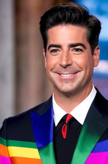 <lora:Jesse Watters (Fox News) - Trigger is Jessewatters Person:1> jessewatters person wearing a super tight black BDSM outfit with gay pride rainbow colored trim to a superbowl party. Lipstick, fabulous.