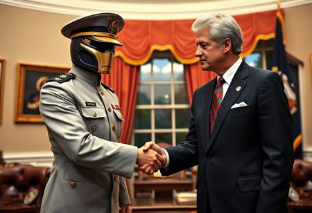 classic cobra commander in an immaculate military dress uniform posing for photo shaking hands with president clinton of the united states in sharp suit inside the oval office, real photograph, gi joe  style, photorealistic, correct hands, correct fingers, presidential seal, vote button, campaign photo, election, elegant scene, cobra insignia