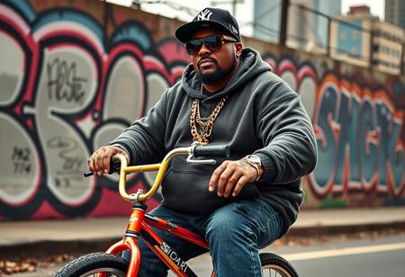 “Create a highly detailed, realistic photographic image captured with an aspherical Panavision 105mm lens effect. The scene features a big, heavyset rapper with a bold hip-hop style, inspired by Snoop Dogg and 50 Cent, riding a small, colorful young boy’s bicycle. The rapper wears large gold chains with diamond accents, oversized sunglasses, and a fitted cap turned slightly to the side. His outfit includes a baggy hoodie, jeans, and classic sneakers, with visible tattoos on his forearms. His expression is cool and confident, capturing classic hip-hop swagger. The background features a graffiti-covered wall and urban cityscape, with a humorous contrast to his serious demeanor.”