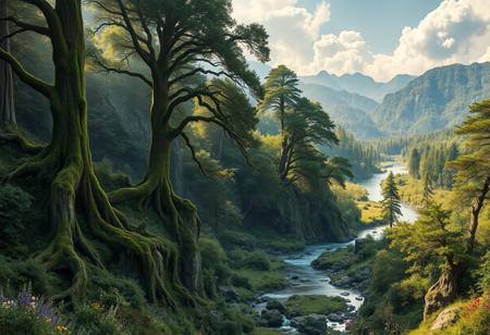vast natural wilderness, untouched by human hands, sprawling forests, overgrown vegetation, towering ancient trees, dense foliage, soft earthy textures, wild rivers flowing through the landscape, rocky cliffs and natural formations, no signs of civilization, tranquil lakes reflecting the sky, wildlife roaming freely, serene and peaceful, moss-covered stones, sunlight filtering through thick tree canopies, untouched landscapes, overgrown vines wrapping around massive trees, vibrant flowers scattered across fields, natural caves and grottos, birds and animals thriving in their habitats, photorealism, high resolution, ((masterpiece)), gentle breeze rustling leaves, symbiotic balance between flora and fauna, unspoiled natural beauty, wild meadows, dense underbrush, mountains rising in the distance, soft shadows cast by towering trees, natural harmony, quiet and still