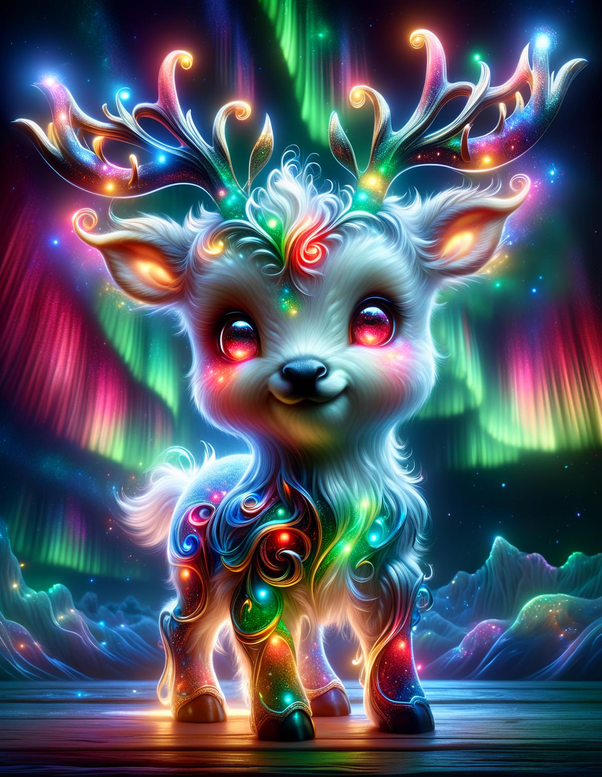 A Colorful and Illuminated Deer with Glowing Eyes, Standing in the Snow.
