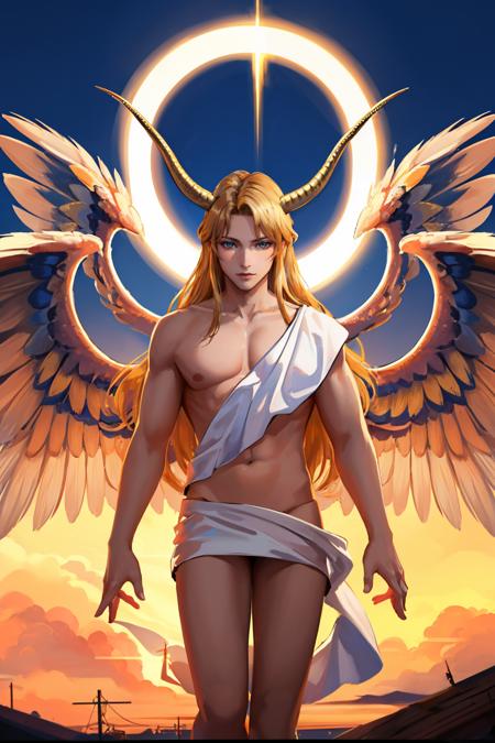 helelsmt, wings, horns, long hair, blonde hair, angel, convenient censoring, 