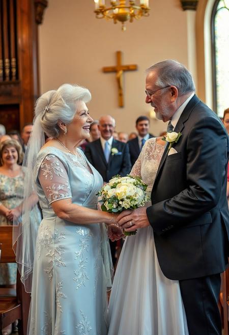 50th golden wedding anniversary remarriage, chapel, 75yo cute man in suit, 70yo beautiful woman in light blue wedding dress, make up, looking at each other, holding hands at the altar, smiling, crowd of younger family members watching happily, close up on husband and wife