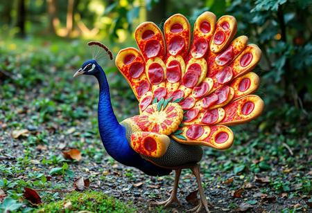 digital art of a peacock in nature, the tail of the peacock is made entirely out of pizza,the eyes on the tail are represented by salami slices,the image represents an unnatural mockery of nature,the image has a realistic looking texture and lighting