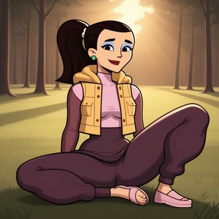 crop top, long sleeves undershirt, sleeveless mini jacket, 1girl, skirt, slippers, toeless legwear, dark brown hair, ponytail, blue eyeshadow, lipstick, makeup, earrings, black eyes, breasts, total drama, Josee_(Total_Drama), tdtrr